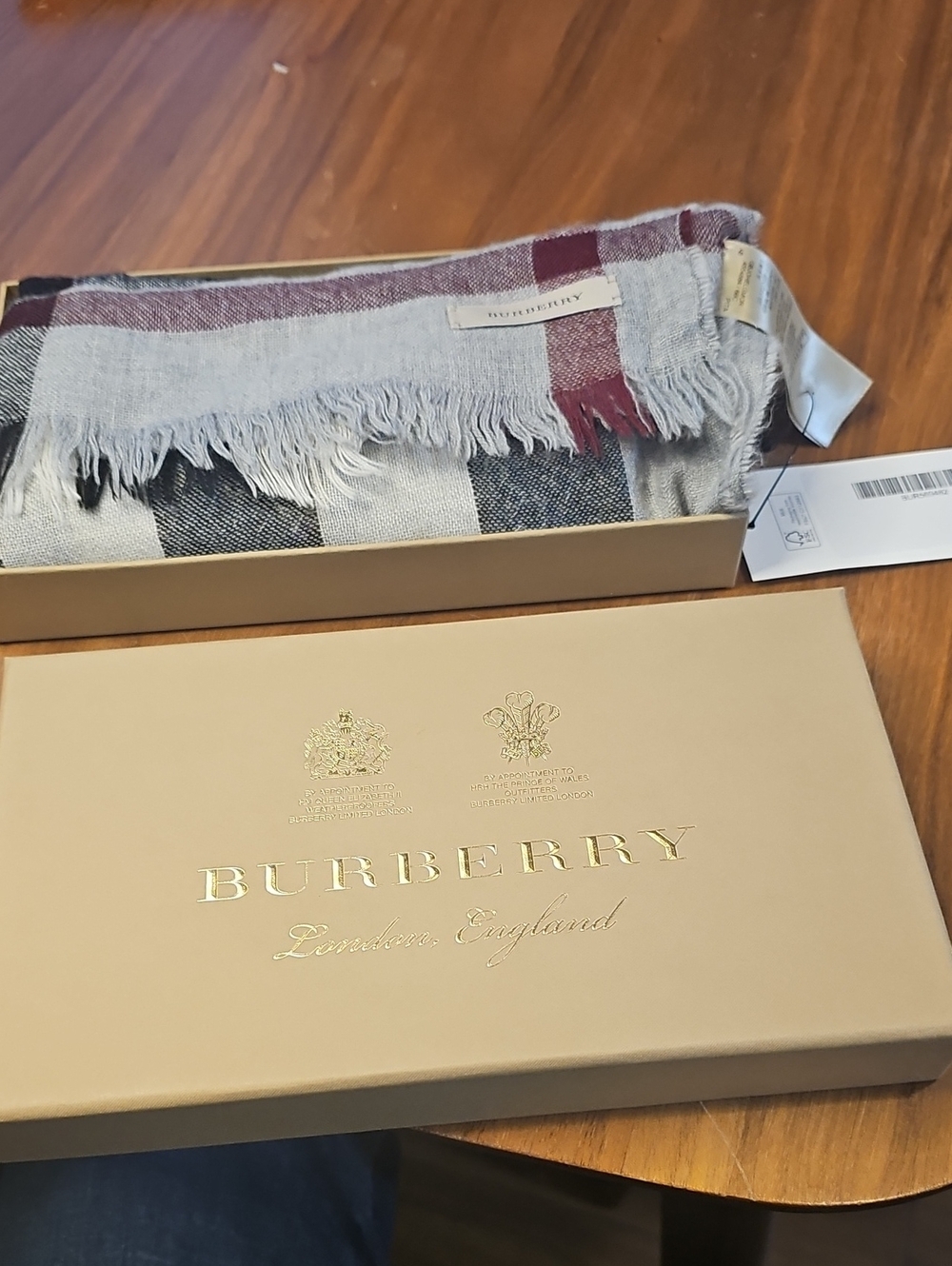 Burberry Black, Grey And White Check Pattern Wool Scarf